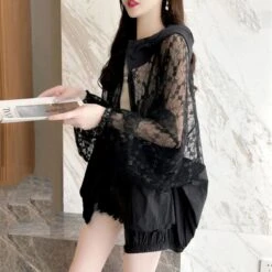 Apparel Black White Laced Hoodie Women's Hooded Jacket -Kawaii Store kawaiies plushies plush softtoy black white laced hoodie womens hooded jacket jacket 775618