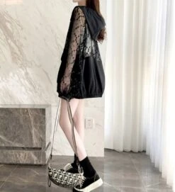 Apparel Black White Laced Hoodie Women's Hooded Jacket -Kawaii Store kawaiies plushies plush softtoy black white laced hoodie womens hooded jacket jacket 917912