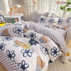 Blue Checked Bear Orange Dog Bedding Sets 12 Blue Checked Bear Orange Dog Bedding Sets -Kawaii Store kawaiies plushies plush softtoy blue checked bear orange dog bedding sets bedding sets 910560