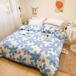 Blue Flowers Peach Polyester Bedding Set -Kawaii Store kawaiies plushies plush softtoy blue flowers peach polyester bedding set bedding sets 192833