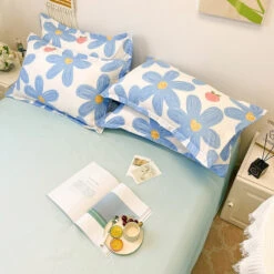 Blue Flowers Peach Polyester Bedding Set -Kawaii Store kawaiies plushies plush softtoy blue flowers peach polyester bedding set bedding sets 600792
