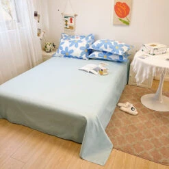 Blue Flowers Peach Polyester Bedding Set -Kawaii Store kawaiies plushies plush softtoy blue flowers peach polyester bedding set bedding sets 799501