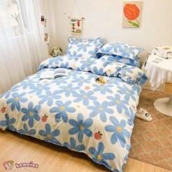 Blue Flowers Peach Polyester Bedding Set -Kawaii Store kawaiies plushies plush softtoy blue flowers peach polyester bedding set bedding sets 885356