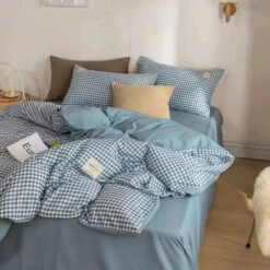 Brown Blue Mustard Mini Checked Bedding Set -Kawaii Store kawaiies plushies plush softtoy brown blue mustard mini checked bedding set bedding sets 146019