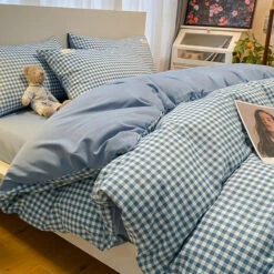 Brown Blue Mustard Mini Checked Bedding Set -Kawaii Store kawaiies plushies plush softtoy brown blue mustard mini checked bedding set bedding sets 251502