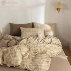 Brown Blue Mustard Mini Checked Bedding Set -Kawaii Store kawaiies plushies plush softtoy brown blue mustard mini checked bedding set bedding sets 281861