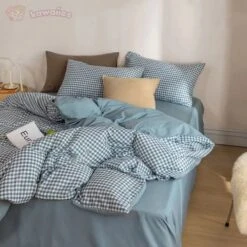 Brown Blue Mustard Mini Checked Bedding Set -Kawaii Store kawaiies plushies plush softtoy brown blue mustard mini checked bedding set bedding sets 627884