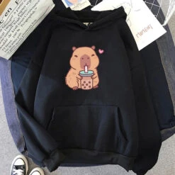 Apparel Capybara Drinking Bubble Tea Unisex Hoodie -Kawaii Store kawaiies plushies plush softtoy capybara drinking bubble tea unisex hoodie apparel black xs 403444