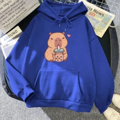 Apparel Capybara Drinking Bubble Tea Unisex Hoodie -Kawaii Store kawaiies plushies plush softtoy capybara drinking bubble tea unisex hoodie apparel blue xs 530017