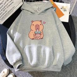 Apparel Capybara Drinking Bubble Tea Unisex Hoodie -Kawaii Store kawaiies plushies plush softtoy capybara drinking bubble tea unisex hoodie apparel gray xs 615308