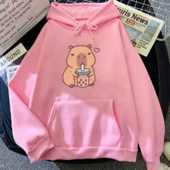 Apparel Capybara Drinking Bubble Tea Unisex Hoodie -Kawaii Store kawaiies plushies plush softtoy capybara drinking bubble tea unisex hoodie apparel pink xs 419534