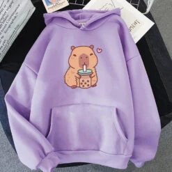 Apparel Capybara Drinking Bubble Tea Unisex Hoodie -Kawaii Store kawaiies plushies plush softtoy capybara drinking bubble tea unisex hoodie apparel purple xs 686250