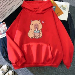 Apparel Capybara Drinking Bubble Tea Unisex Hoodie -Kawaii Store kawaiies plushies plush softtoy capybara drinking bubble tea unisex hoodie apparel red xs 707431