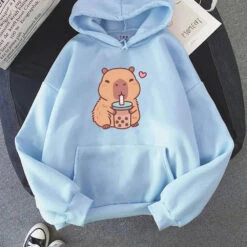 Apparel Capybara Drinking Bubble Tea Unisex Hoodie -Kawaii Store kawaiies plushies plush softtoy capybara drinking bubble tea unisex hoodie apparel sky blue xs 158665