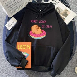 Apparel Capybara Floating Donut Don't Worry Be Cappy Unisex Hoodies -Kawaii Store kawaiies plushies plush softtoy capybara floating donut dont worry be cappy unisex hoodies apparel black xs 120076