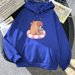 Apparel Capybara Floating & Sipping Bubble Tea Unisex Hoodie -Kawaii Store kawaiies plushies plush softtoy capybara floating sipping bubble tea unisex hoodie apparel blue xs 883495