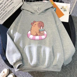Apparel Capybara Floating & Sipping Bubble Tea Unisex Hoodie -Kawaii Store kawaiies plushies plush softtoy capybara floating sipping bubble tea unisex hoodie apparel gray xs 790218
