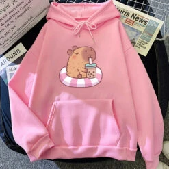 Apparel Capybara Floating & Sipping Bubble Tea Unisex Hoodie -Kawaii Store kawaiies plushies plush softtoy capybara floating sipping bubble tea unisex hoodie apparel pink xs 446297