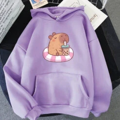 Apparel Capybara Floating & Sipping Bubble Tea Unisex Hoodie -Kawaii Store kawaiies plushies plush softtoy capybara floating sipping bubble tea unisex hoodie apparel purple xs 103727