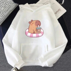 Apparel Capybara Floating & Sipping Bubble Tea Unisex Hoodie -Kawaii Store kawaiies plushies plush softtoy capybara floating sipping bubble tea unisex hoodie apparel white xs 384772