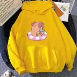Apparel Capybara Floating & Sipping Bubble Tea Unisex Hoodie -Kawaii Store kawaiies plushies plush softtoy capybara floating sipping bubble tea unisex hoodie apparel yellow xs 205113