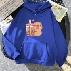 Apparel Capybara Hugging Drinking Bubble Tea Unisex Hoodie -Kawaii Store kawaiies plushies plush softtoy capybara hugging drinking bubble tea unisex hoodie apparel blue xs 942978