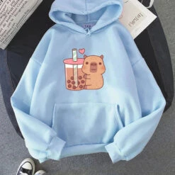Apparel Capybara Hugging Drinking Bubble Tea Unisex Hoodie -Kawaii Store kawaiies plushies plush softtoy capybara hugging drinking bubble tea unisex hoodie apparel sky blue xs 857136
