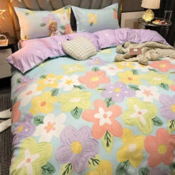 Cartoon Floral Pink Purple Green Bedding Set Collection 20 Cartoon Floral Pink Purple Green Bedding Set Collection -Kawaii Store kawaiies plushies plush softtoy cartoon floral pink purple green bedding set collection home decor purple king 518524