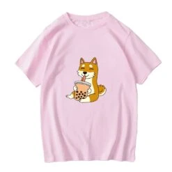 Apparel Cartoon Shiba Inu Drinking Bubble Tea Women's Part Cotton Tee -Kawaii Store kawaiies plushies plush softtoy cartoon shiba inu drinking bubble tea womens part cotton tee tops 482501