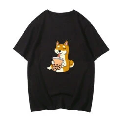 Apparel Cartoon Shiba Inu Drinking Bubble Tea Women's Part Cotton Tee -Kawaii Store kawaiies plushies plush softtoy cartoon shiba inu drinking bubble tea womens part cotton tee tops 591653