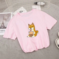 Apparel Cartoon Shiba Inu Drinking Bubble Tea Women's Part Cotton Tee