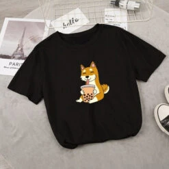Apparel Cartoon Shiba Inu Drinking Bubble Tea Women's Part Cotton Tee -Kawaii Store kawaiies plushies plush softtoy cartoon shiba inu drinking bubble tea womens part cotton tee tops black xl 845953