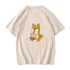 Apparel Cartoon Shiba Inu Drinking Bubble Tea Women's Part Cotton Tee -Kawaii Store kawaiies plushies plush softtoy cartoon shiba inu drinking bubble tea womens part cotton tee tops cream s 736352