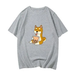 Apparel Cartoon Shiba Inu Drinking Bubble Tea Women's Part Cotton Tee -Kawaii Store kawaiies plushies plush softtoy cartoon shiba inu drinking bubble tea womens part cotton tee tops gray s 519822