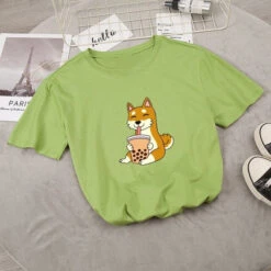 Apparel Cartoon Shiba Inu Drinking Bubble Tea Women's Part Cotton Tee -Kawaii Store kawaiies plushies plush softtoy cartoon shiba inu drinking bubble tea womens part cotton tee tops green xl 559322