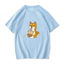Apparel Cartoon Shiba Inu Drinking Bubble Tea Women's Part Cotton Tee -Kawaii Store kawaiies plushies plush softtoy cartoon shiba inu drinking bubble tea womens part cotton tee tops light blue s 260192