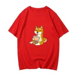 Apparel Cartoon Shiba Inu Drinking Bubble Tea Women's Part Cotton Tee -Kawaii Store kawaiies plushies plush softtoy cartoon shiba inu drinking bubble tea womens part cotton tee tops red s 982511