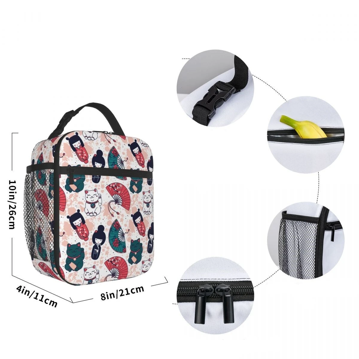 Cherry Blossom Lucky Cat Kokeshi Doll Insulated Lunch Bags 7 Cherry Blossom Lucky Cat Kokeshi Doll Insulated Lunch Bags - Image 5