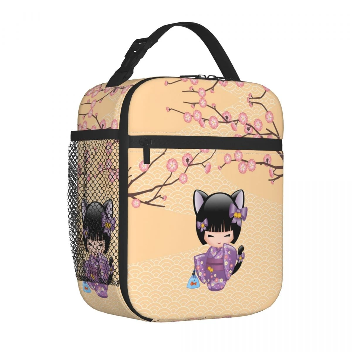 Cherry Blossom Lucky Cat Kokeshi Doll Insulated Lunch Bags 4 Cherry Blossom Lucky Cat Kokeshi Doll Insulated Lunch Bags - Image 2