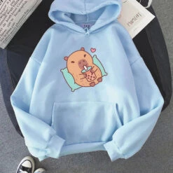 Apparel Chilling Capybara With Bubble Tea Unisex Hoodie -Kawaii Store kawaiies plushies plush softtoy chilling capybara with bubble tea unisex hoodie apparel light blue xs 635882