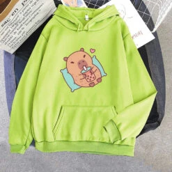Apparel Chilling Capybara With Bubble Tea Unisex Hoodie -Kawaii Store kawaiies plushies plush softtoy chilling capybara with bubble tea unisex hoodie apparel light green xs 663645