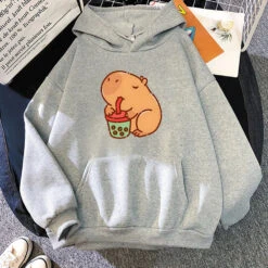Apparel Chonky Capybara Drinking Matcha Bubble Tea Unisex Hoodie -Kawaii Store kawaiies plushies plush softtoy chonky capybara drinking matcha bubble tea unisex hoodie apparel gray xs 891322