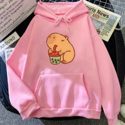 Apparel Chonky Capybara Drinking Matcha Bubble Tea Unisex Hoodie -Kawaii Store kawaiies plushies plush softtoy chonky capybara drinking matcha bubble tea unisex hoodie apparel pink xs 383586