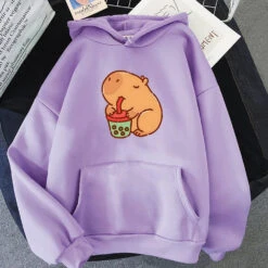 Apparel Chonky Capybara Drinking Matcha Bubble Tea Unisex Hoodie -Kawaii Store kawaiies plushies plush softtoy chonky capybara drinking matcha bubble tea unisex hoodie apparel purple xs 139452