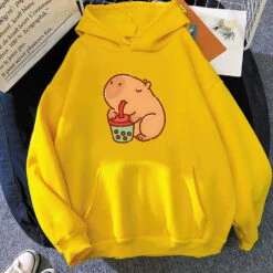 Apparel Chonky Capybara Drinking Matcha Bubble Tea Unisex Hoodie -Kawaii Store kawaiies plushies plush softtoy chonky capybara drinking matcha bubble tea unisex hoodie apparel yellow xs 837675