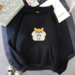 Apparel Chubby Hamster Drinking Bubble Tea Unisex Hoodie -Kawaii Store kawaiies plushies plush softtoy chubby hamster drinking bubble tea unisex hoodie apparel black m 954057