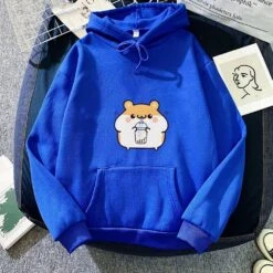 Apparel Chubby Hamster Drinking Bubble Tea Unisex Hoodie -Kawaii Store kawaiies plushies plush softtoy chubby hamster drinking bubble tea unisex hoodie apparel blue m 176288