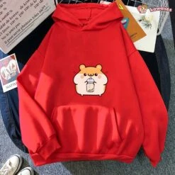 Apparel Chubby Hamster Drinking Bubble Tea Unisex Hoodie -Kawaii Store kawaiies plushies plush softtoy chubby hamster drinking bubble tea unisex hoodie apparel red m 580873
