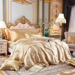 Cream Baby Blue Luxury Satin Bedding Set -Kawaii Store kawaiies plushies plush softtoy cream baby blue luxury satin bedding set bedding sets 103933