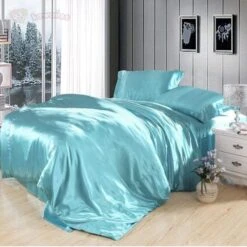 Cream Baby Blue Luxury Satin Bedding Set -Kawaii Store kawaiies plushies plush softtoy cream baby blue luxury satin bedding set bedding sets 245534